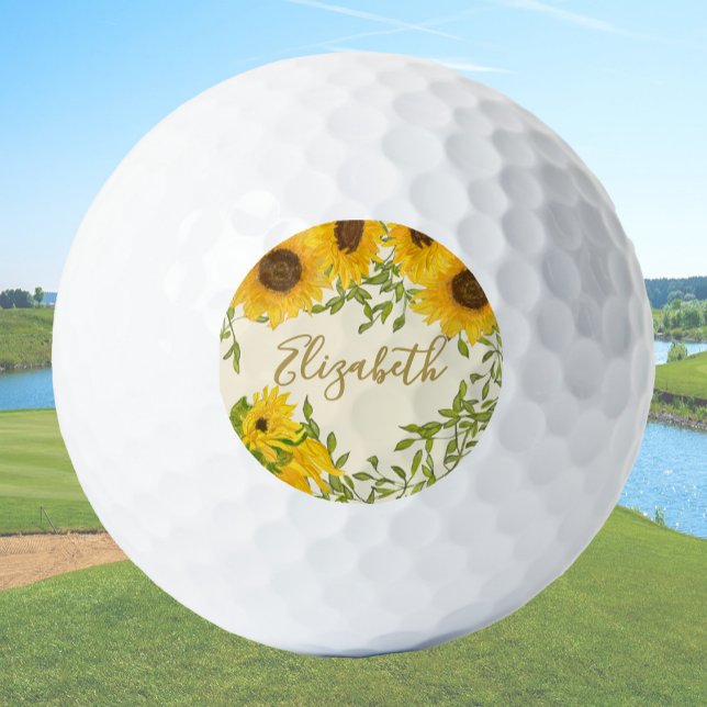 Balles De Golf Fleurs de soleil jaune Floral nom personnalisé dam (Créateur téléchargé)