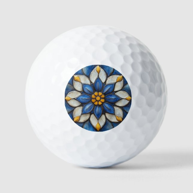 Balles De Golf Flore Azulejo bleu blanc et jaune (Recto)
