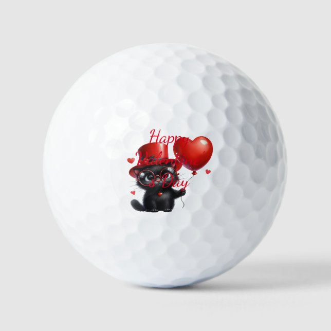 Balles De Golf Funny Black Cat With Balloons Valentine's Day (Recto)