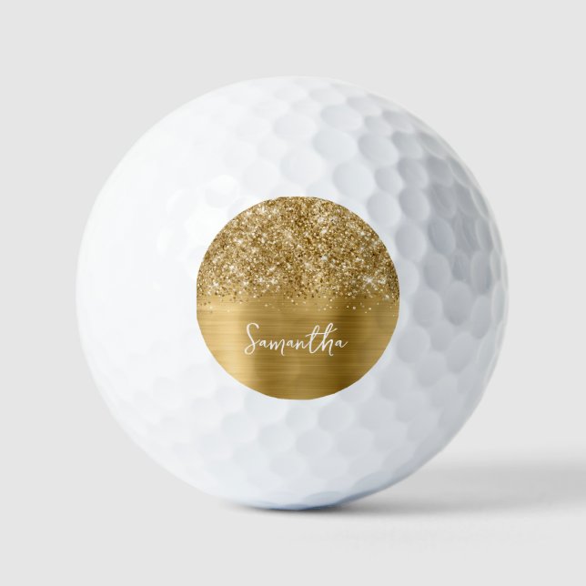 Balles De Golf Glittery Gold Glam Nom du script (Recto)