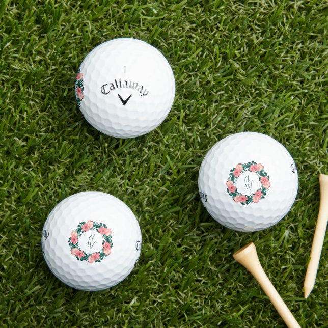 Balles De Golf Hibiscus floral rose mignon Monogramme (Herbe in situ)