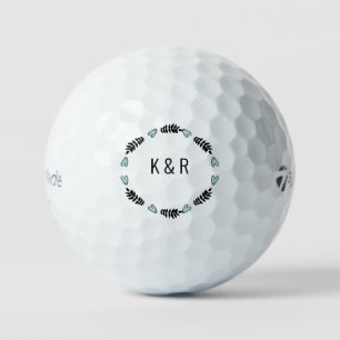Balles De Golf Initiales mariages Couple Foliage & Coeurs Turquoi