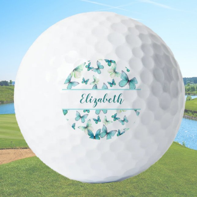 Balles De Golf Joli papillon turquoise avec nom personnalisé dame (Créateur téléchargé)