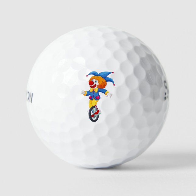 Balles De Golf Joyeux Clown (Illustration of a clown riding a unicycle, the clown has white skin, light blue eyes. )