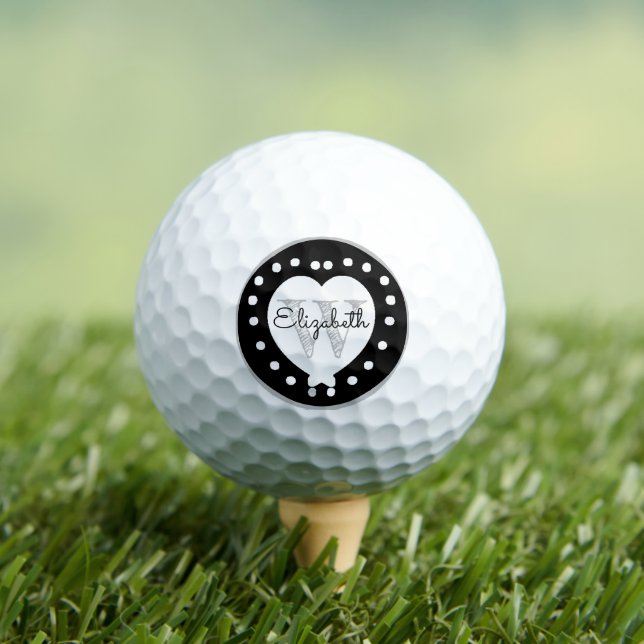Balles De Golf LETTRE CHIC INITIALE MONogramme Noir Coeur blanc (T-shirt Insitu)