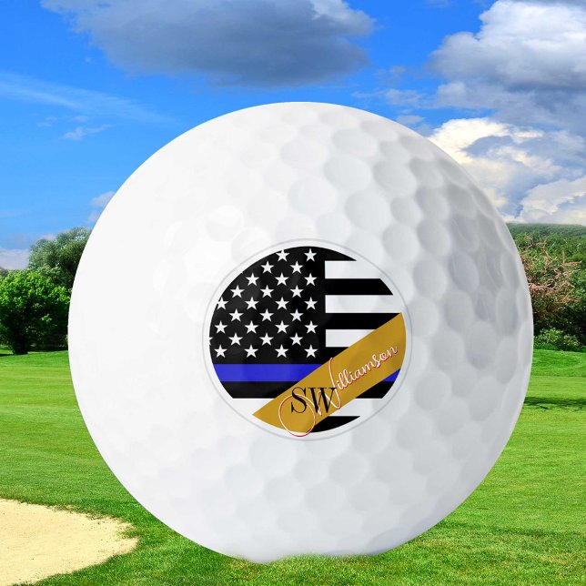 Balles De Golf Ligne Bleue Mince Monogramme & Police USA / Golden (Créateur téléchargé)
