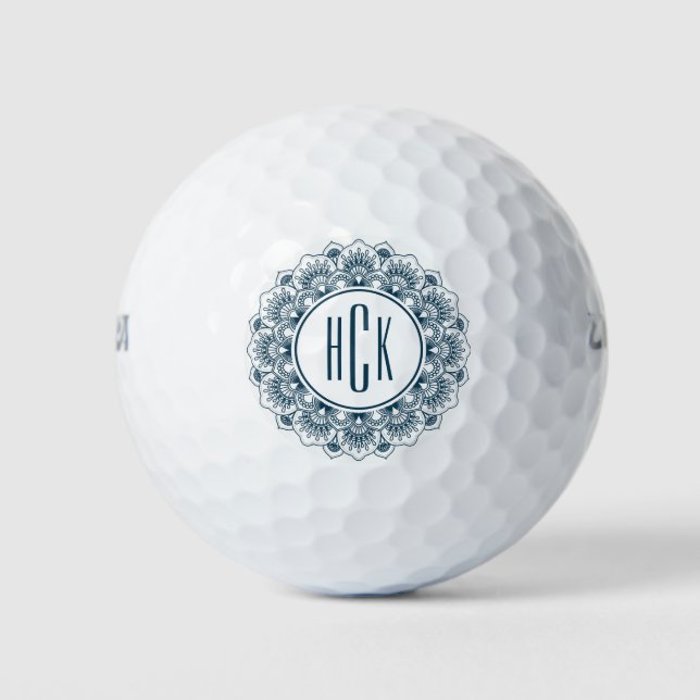Balles De Golf Mandala orné de bleu foncé et blanc monogramme (Devant)
