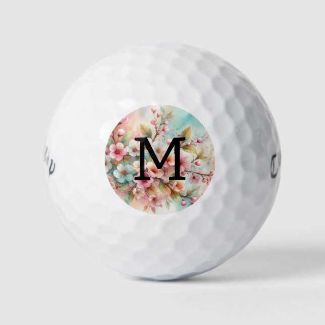 Balles De Golf Monogramme aquarelle florale fleurs roses de ceris (Devant)
