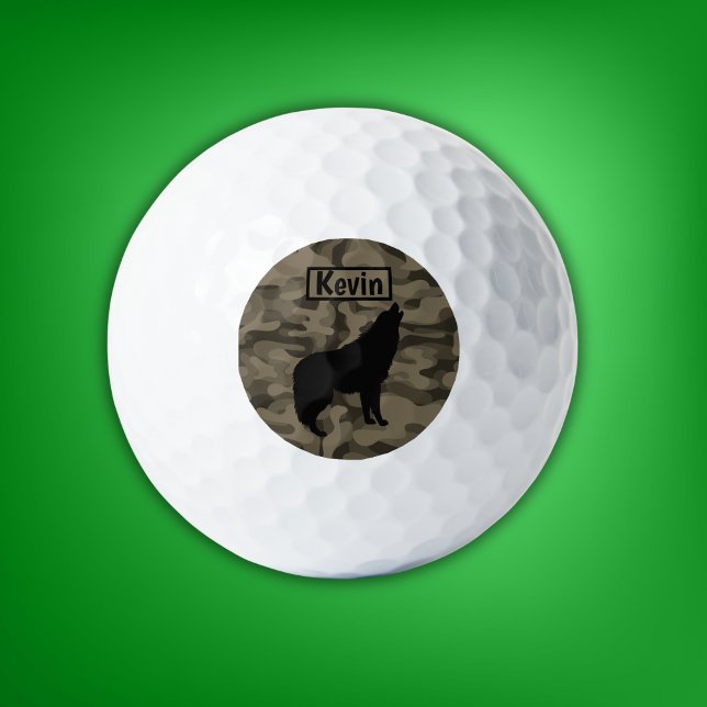 Balles De Golf Monogramme Brown Camo Black Wolf Silhouette | (Créateur téléchargé)