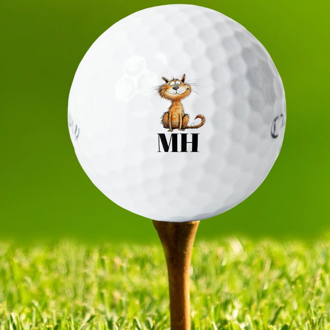 Balles De Golf Monogramme de chat personnalisé (Custom golf ball with funny watercolor cat design and monogrammed initials, perfect gift.)