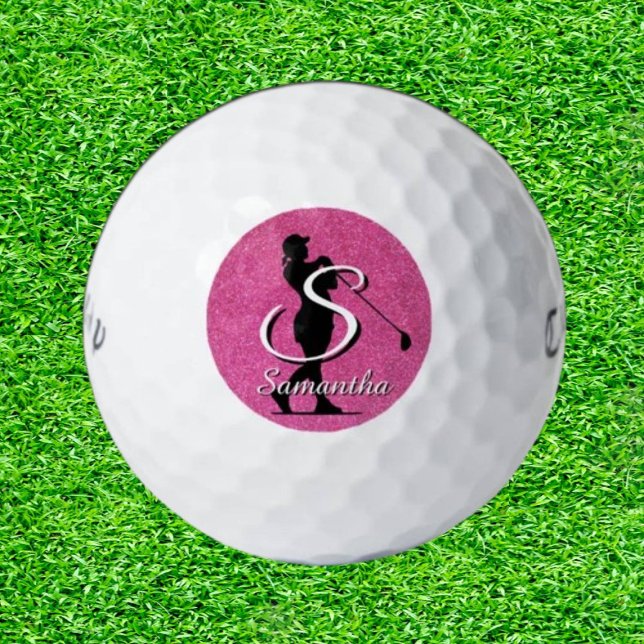 Balles De Golf Monogramme de Golfeur de Parties scintillant rose (Pink Glitter Lady Golfer Monogram Golf Balls)
