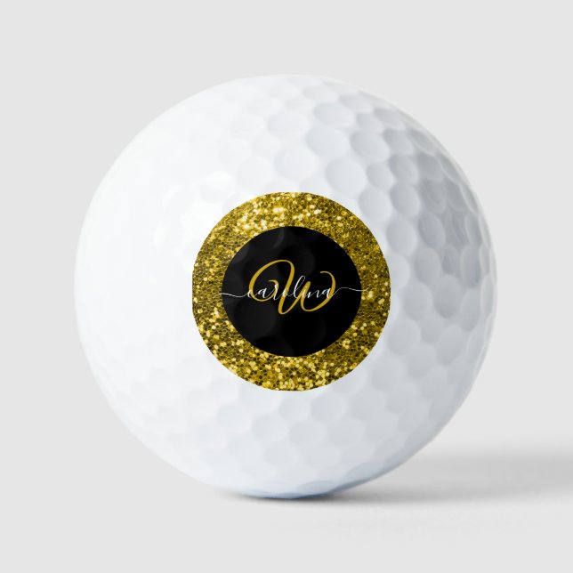 Balles De Golf Monogramme élégant or parties scintillant nom noir (Recto)