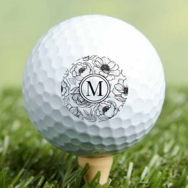 Balles De Golf Monogramme floral noir blanc (Black White Floral Monogram Golf Balls)