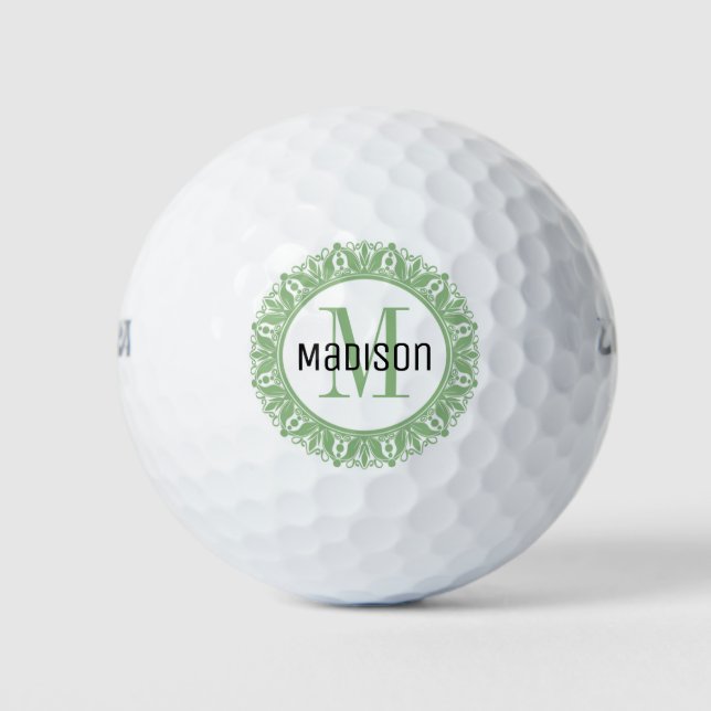 Balles De Golf Monogramme Mandala Vert Nom noir initial (Devant)