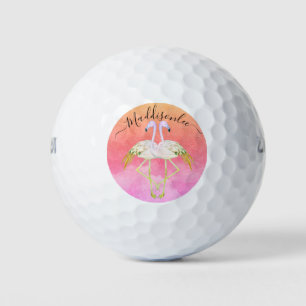 Balles De Golf Monogramme Nom de la pêche Deux Flamants roses ros