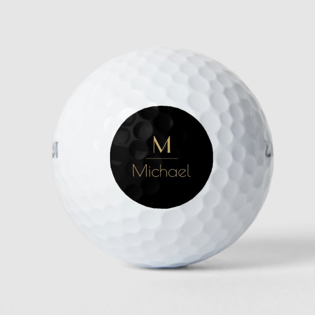 Balles De Golf Monogramme personnalisé | Nom Noir & Or (Devant)