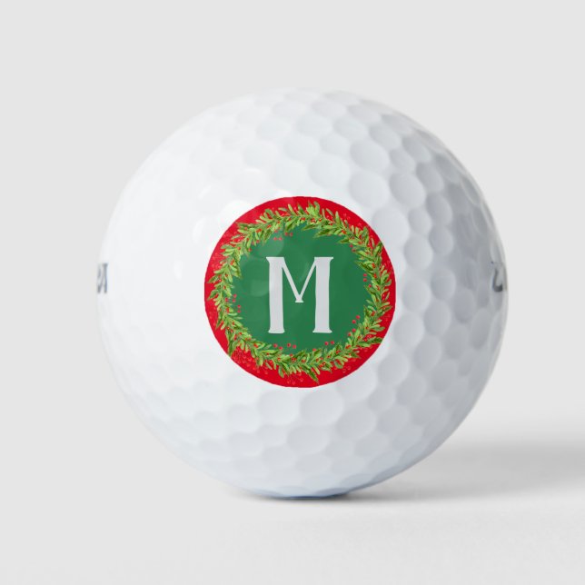 Balles De Golf Monogramme rouge et vert Vacances de Noël Wreath (Devant)