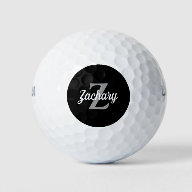 Balles De Golf Noir gris blanc Monogramme et nom Personnalisé (Devant)