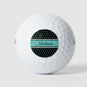 Balles De Golf Noir Lumière Turquoise Polka Dot Stripe Nom du scr