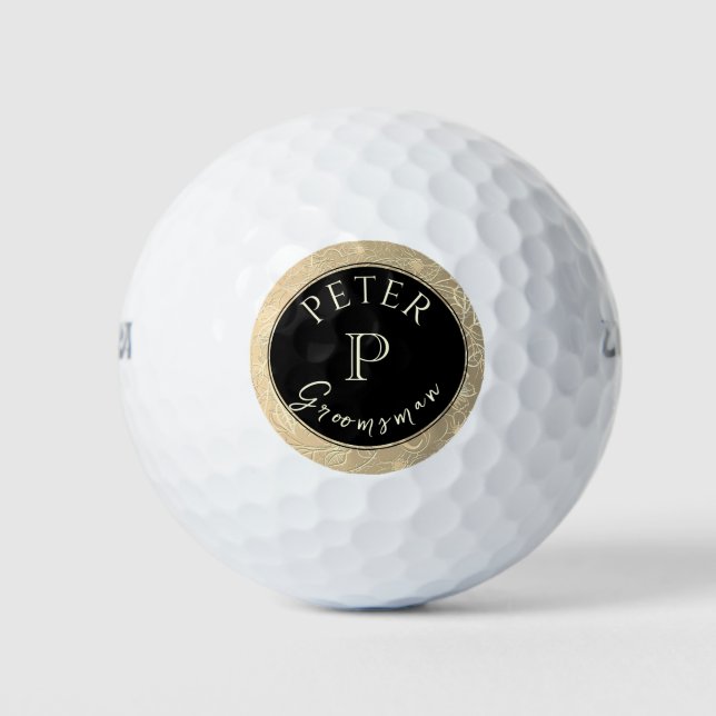Balles De Golf Noir Monogramme Or Personnalisé Groomsman (Devant)