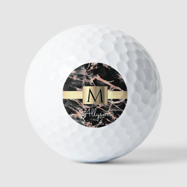 Balles De Golf Noir & Rose Gold Marble Boîte, Nom & Monogramme (Recto)