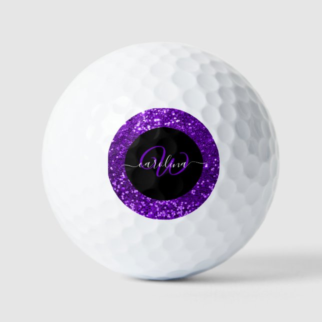 Balles De Golf Nom de parties scintillant violet monogramme éléga (Recto)