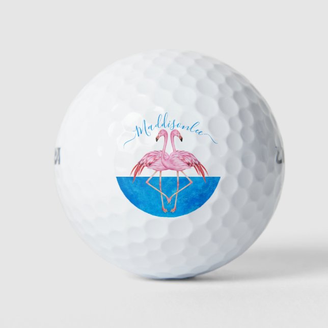 Balles De Golf Nom du monogramme Deux Flamants roses roses (Devant)