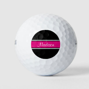 Balles De Golf Nom du script de bande rose chaud noir Monogramme