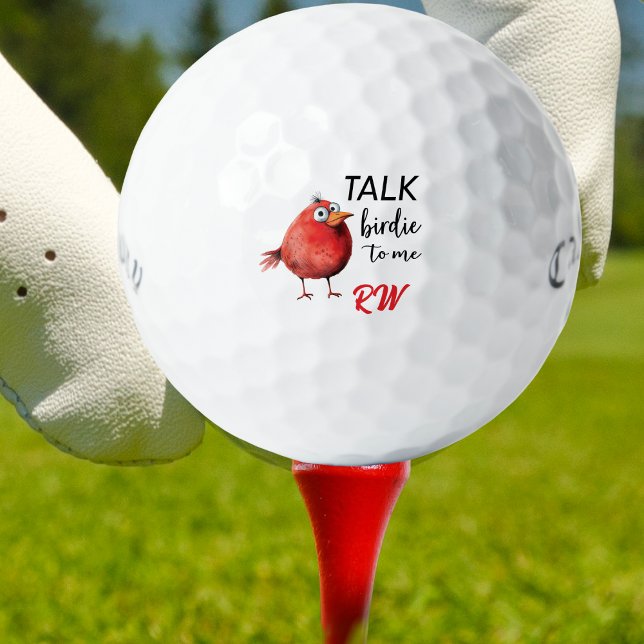 Balles De Golf Oiseau Drôle Personnalisé Nom (Funny personalized golf balls with a quirky red bird and “Talk Birdie To Me” text — great gift!)