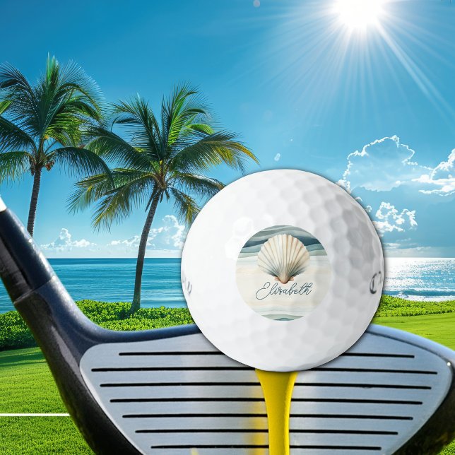 Balles De Golf Personnalisé Créez votre propre monogramme élégant (Custom golf ball with watercolor seashell, monogram initials, and name for beach life golfers)