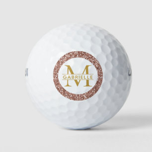 Balles De Golf Rose Gold Pailleté Monogramme et Nom Rose