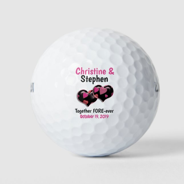 Balles De Golf Rose Noir Deux Coeurs Joint Mariage Favor (Devant)