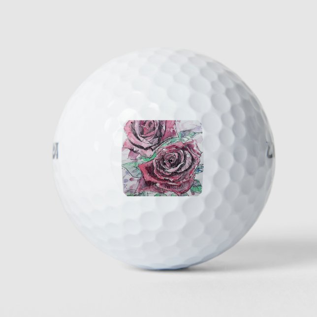 Balles De Golf Rose rouge Fleurs d'aquarelle peinture florale (Devant)