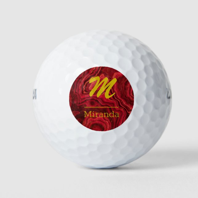 Balles De Golf Rouge Agate Marbre or Monogramme personnalisé (Devant)