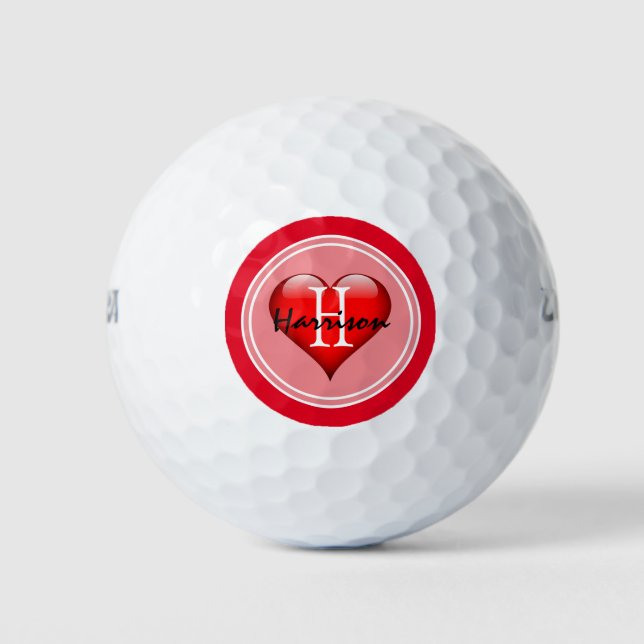 Balles De Golf Valentines Jour Monogramme Coeur rouge (Devant)