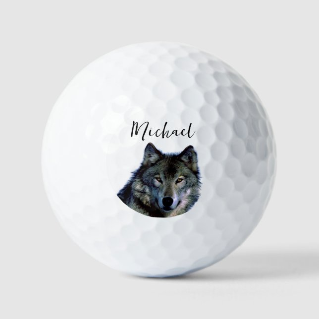 Balles De Golf Wolf Portrait Votre nom Écriture personnalisée (Recto)