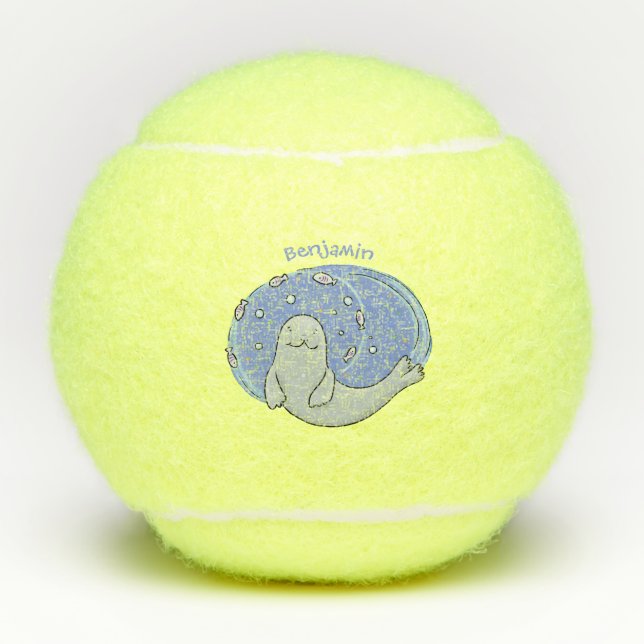 Balles De Tennis Caricature joyeux de phoque et de poisson bleu (Devant)