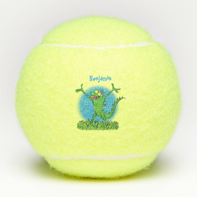Balles De Tennis Drôle vert souriant animé lézard d'iguane (Devant)