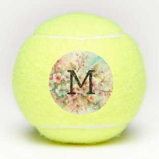 Balles De Tennis Floral watercolor monogram pink cherry blossoms 