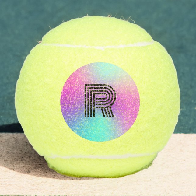 Balles De Tennis Monogramme néon rose bleu et violet ombre (neon pink blue and purple ombre monogram retro tennis ball)