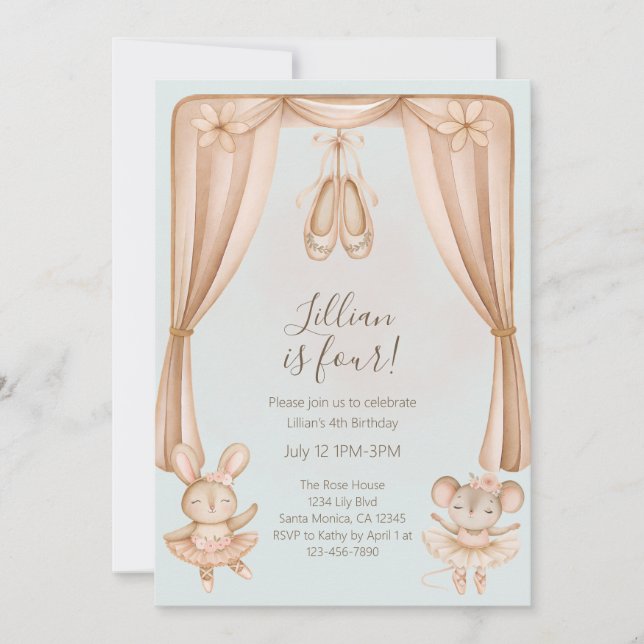 Ballet Dance Girls Fourth Birthday Invitation (Devant)