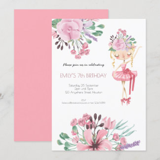 Ballet Dancer Florals Girl 7. Geburtstagsparty Einladung
