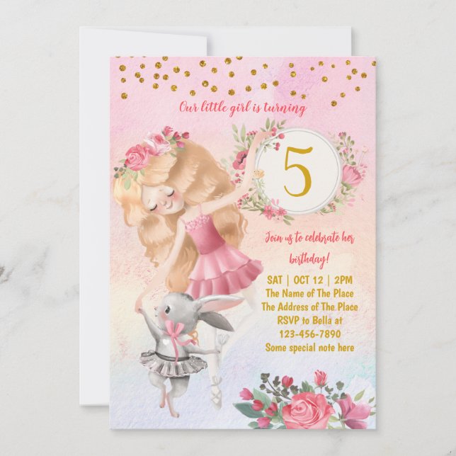 Ballet Girl and Bunny Birthday Party Einladung (Vorderseite)