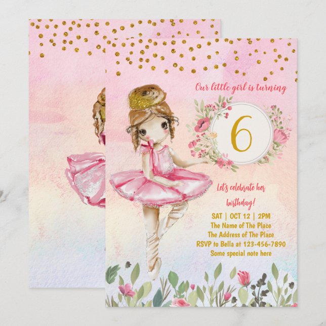 Ballet Girl rose Anniversaire Fête Invitation (Devant / Derrière)