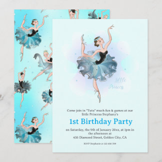 Ballet Princess 1st Birthday Pastel Illustration Einladung