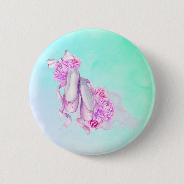 Ballet Shows Bows and Peonies in Pink Wasserfarben Button (Vorderseite)