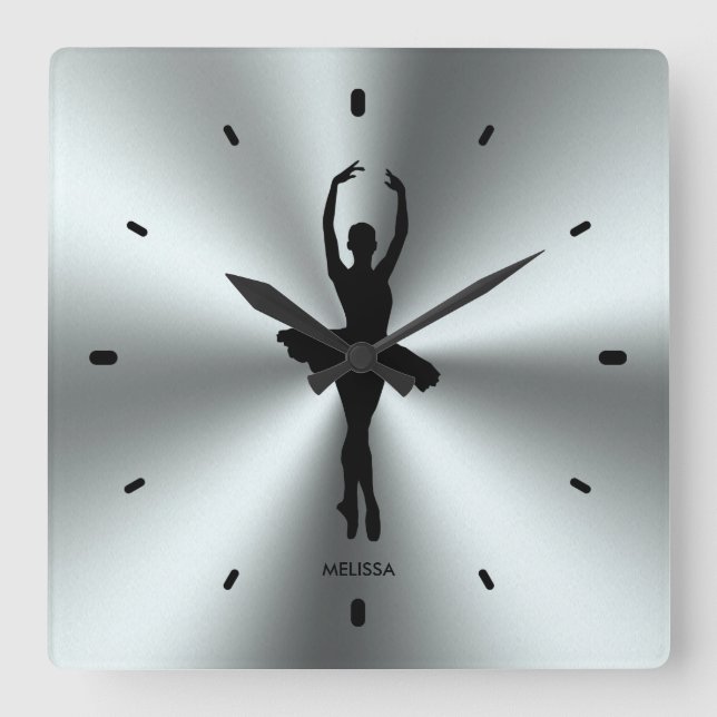 Balletttänzerin Silhouette auf Edelstahl Quadratische Wanduhr (Vorderseite)