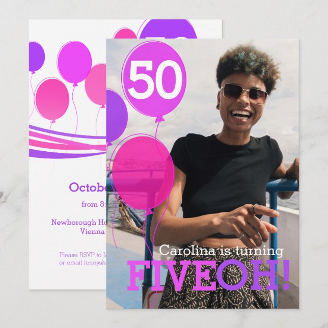 Ballon 50. FIVEOH! Foto Geburtstag einladen Einladung (Vorne/Hinten)