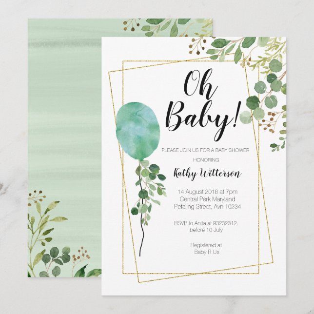 Ballon-Aquarell-Grünoh Babyparty Einladung (Vorne/Hinten)