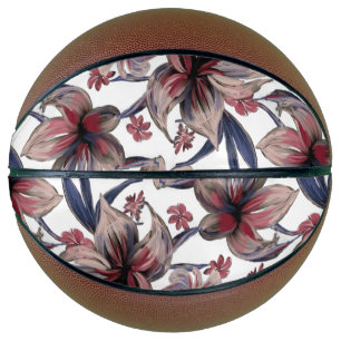 Ballon De Basket Aquarelles Crimson Floral sur blanc